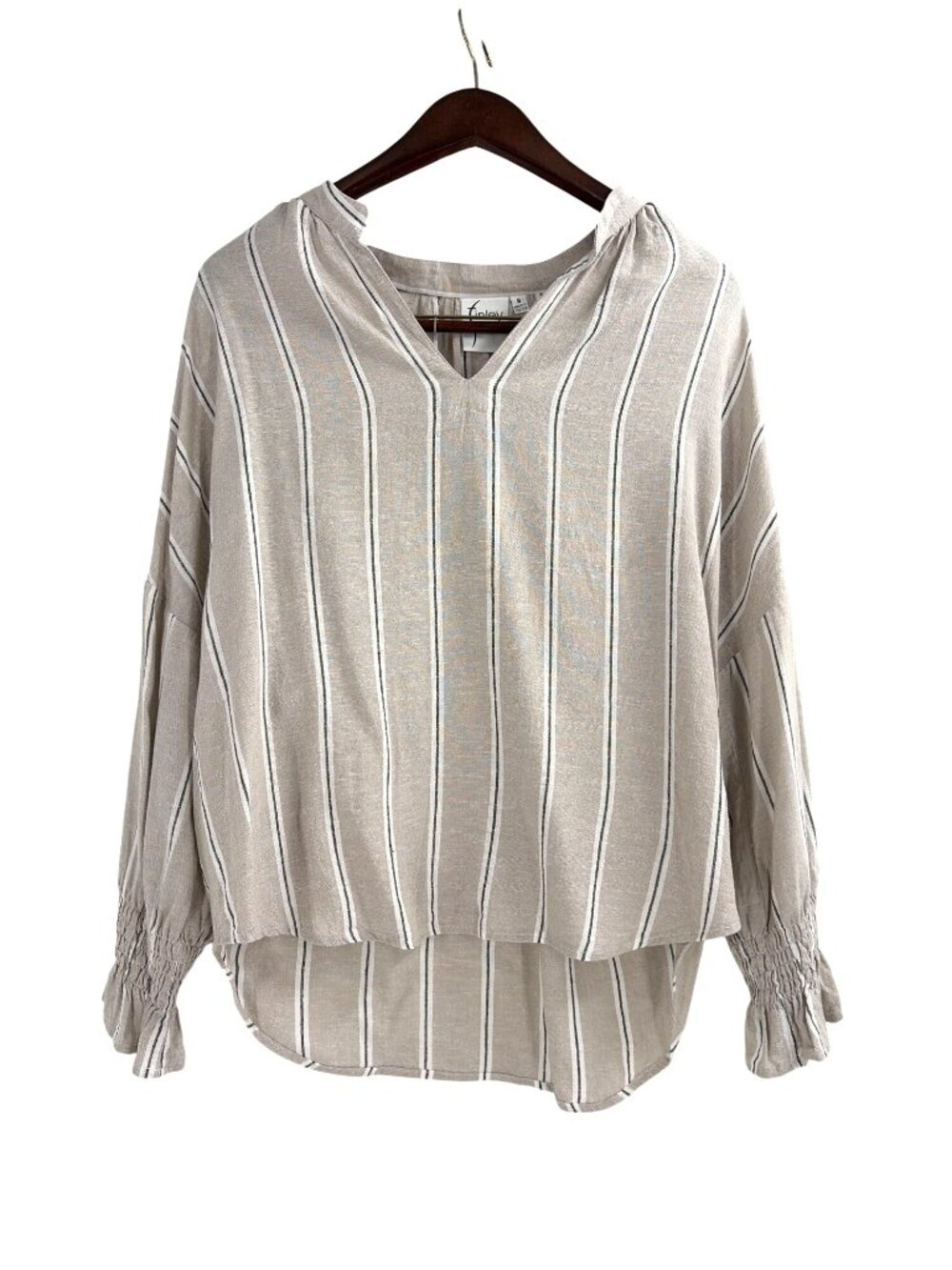 Finley Womens Small V-Neck Striped Smocked Sleeve Blouse Beige White Boho Chic